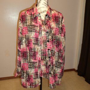 NWT Women's 0X 14/16W Maggie Barnes Blouse Tank Long Sleeve Red Black White Tan